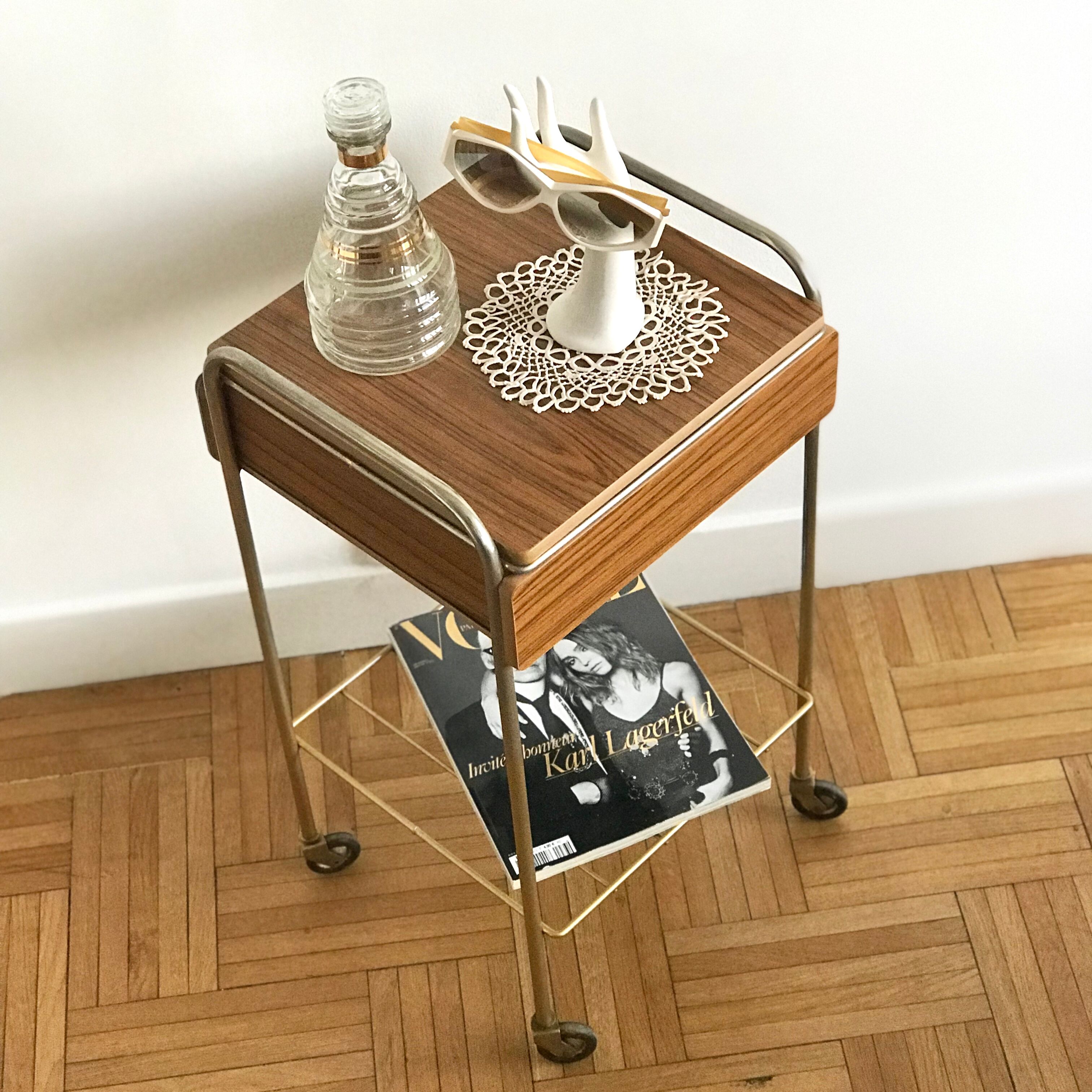 Serving bedside in gold metal and formica