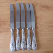 5 vintage silver-plated metal knives with stainless steel blades 240514