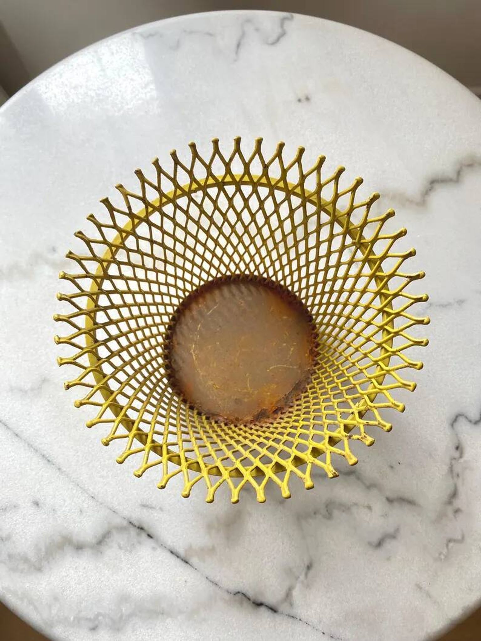 Mathieu Matégot round metal cache pot in yellow, France 1950s