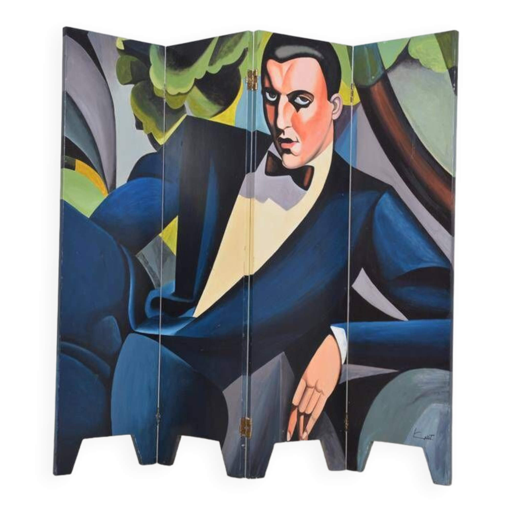 Vintage screen made up of 4 wooden panels reproducing the painting by tamara de lempicka 1925.