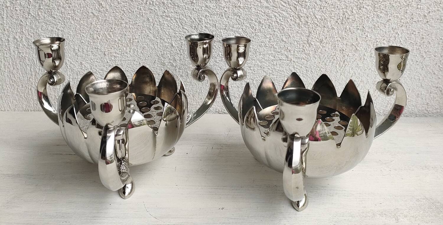 Pair of silver-plated lotus candle holders