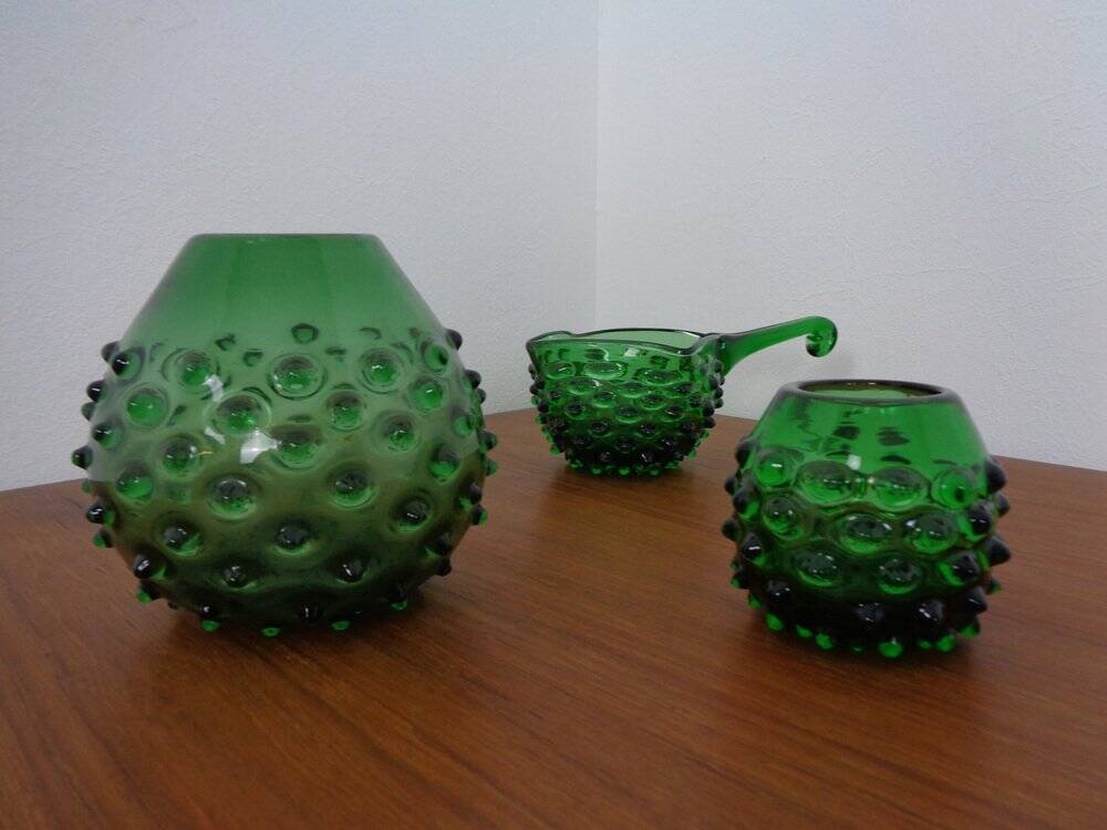 Italian green bubble glass vases and bowl by Empoli, set of 3, 1960s.