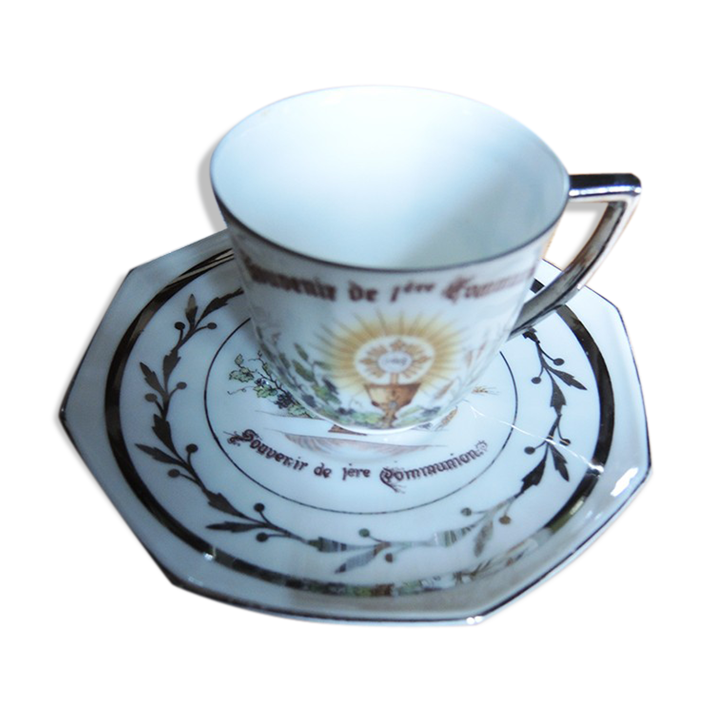 Ancient Cup And Saucer In Porcelain First Communion