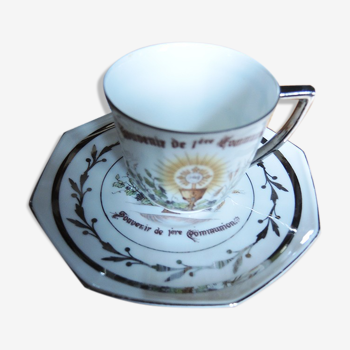Ancient Cup And Saucer In Porcelain First Communion