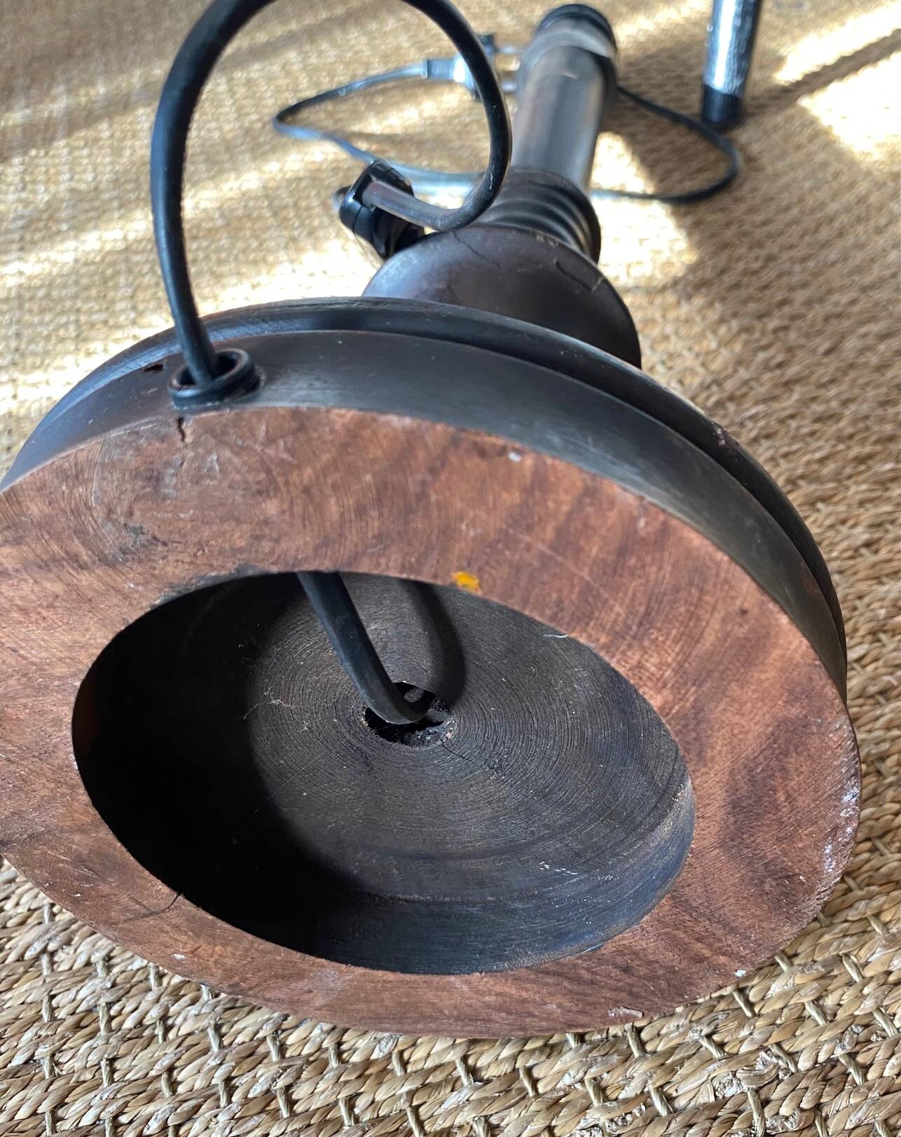 Solid wood lamp with handmade shade, 1940s.