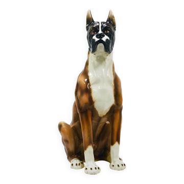 Statue de chien boxer grandeur nature en majolique, céramique émaillée, Italie, années 1970