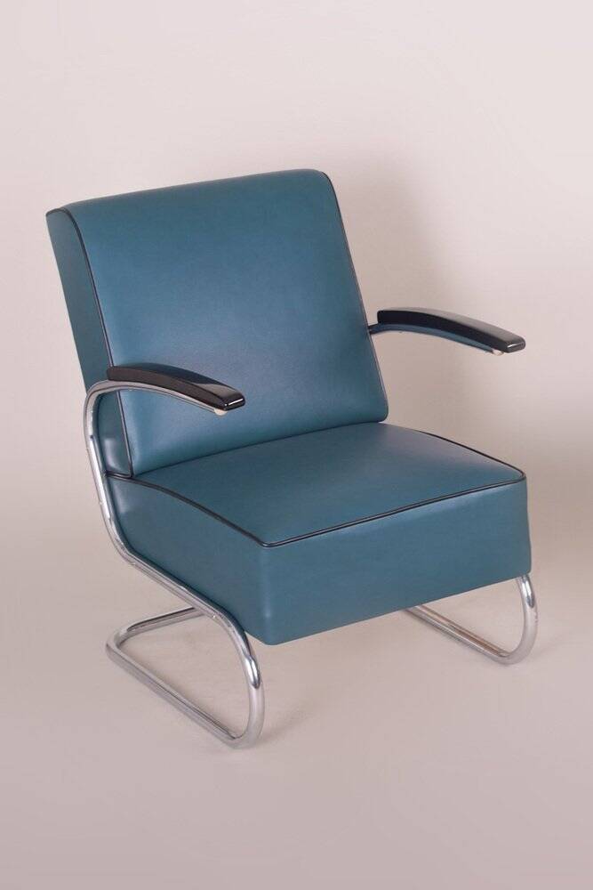Art Deco Tubular Armchair in Chrome-Plated Steel & Blue Leather attributed to Mücke-Melder, 1930s