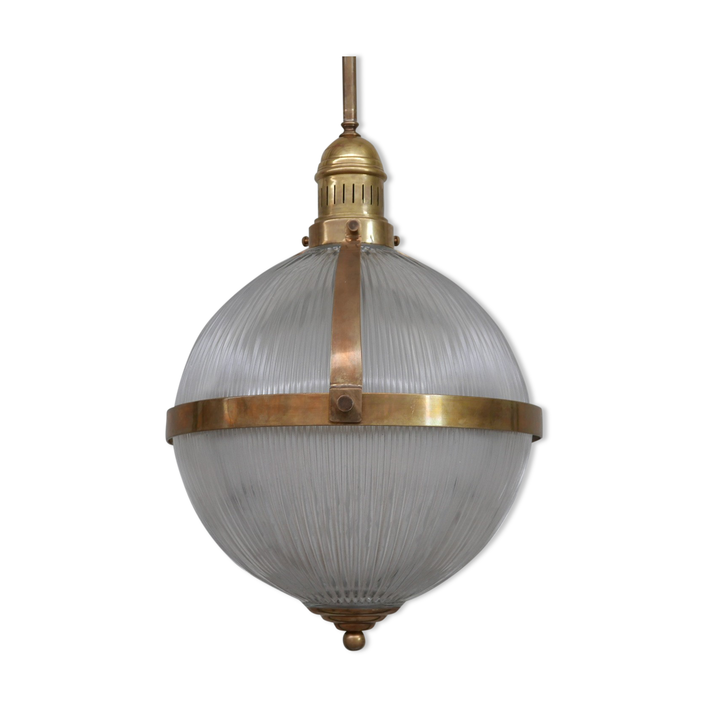 Brass and Glass Holophane Style Mid-Century Pendant Light