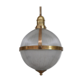 Brass and Glass Holophane Style Mid-Century Pendant Light