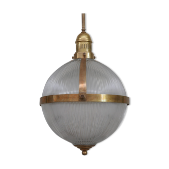 Brass and Glass Holophane Style Mid-Century Pendant Light