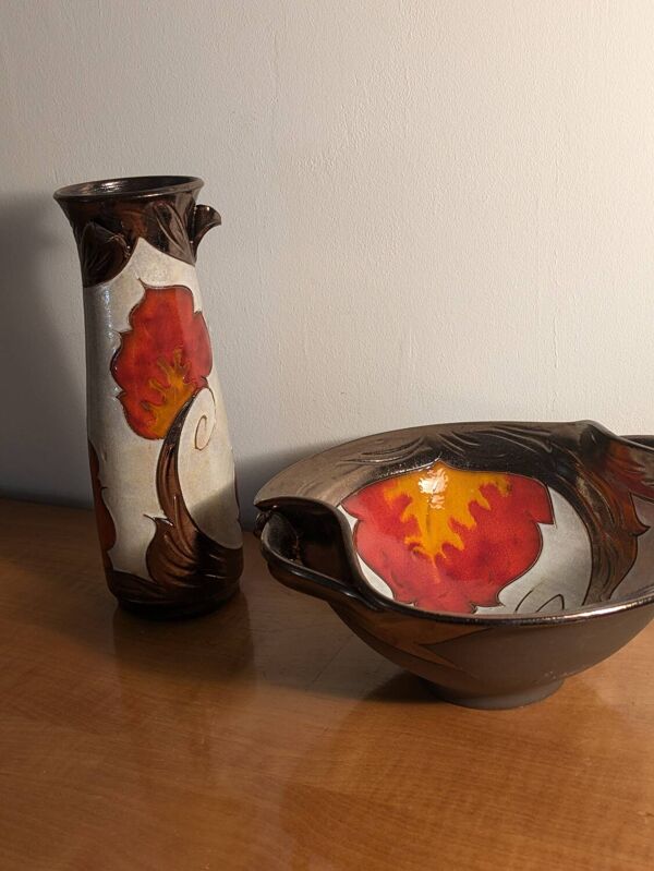 Vase et bol, coupe céramique vintage Tri Ushi (Bulgarie)