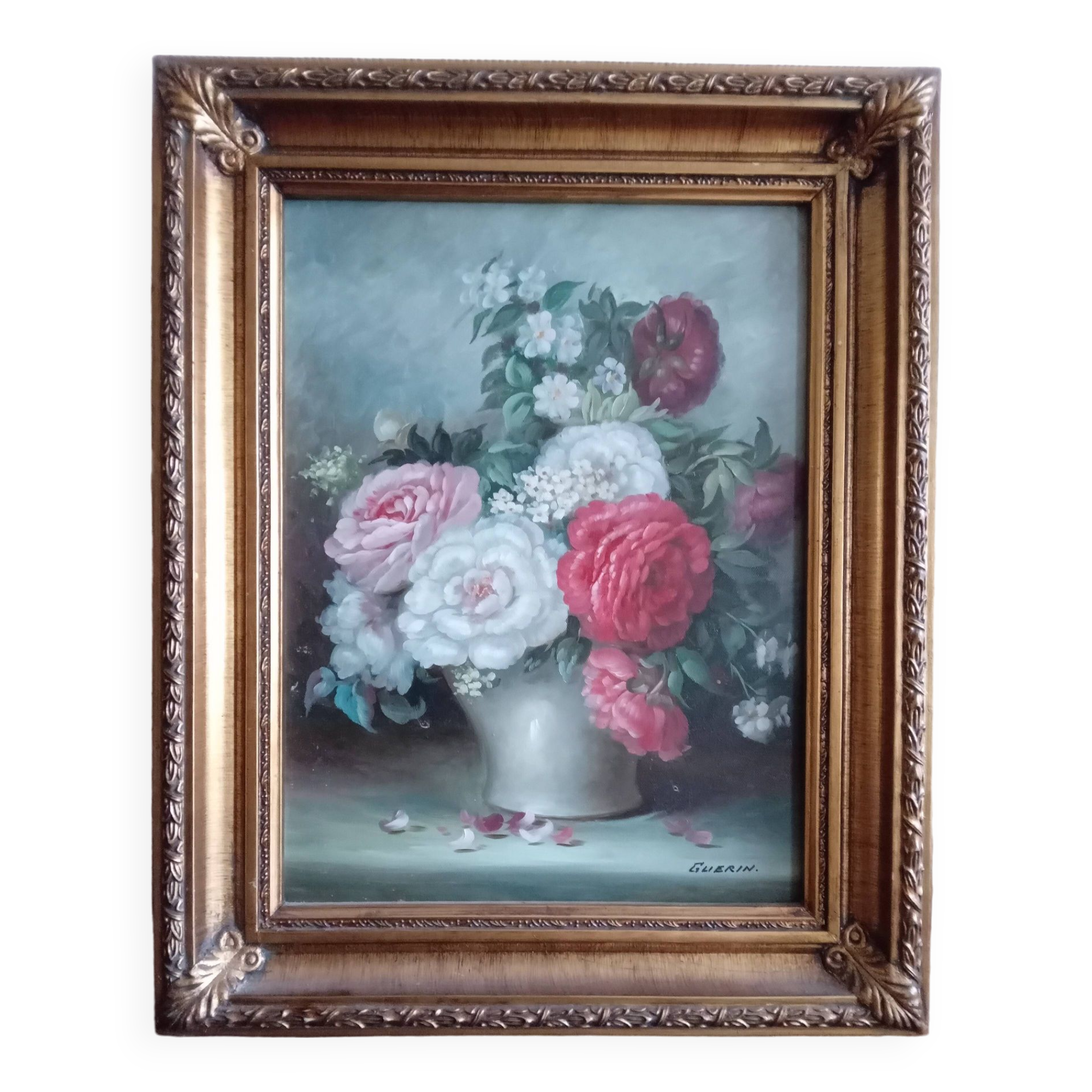 Oil on canvas, floral bouquet, signed guerin