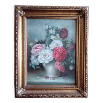 Oil on canvas, floral bouquet, signed guerin