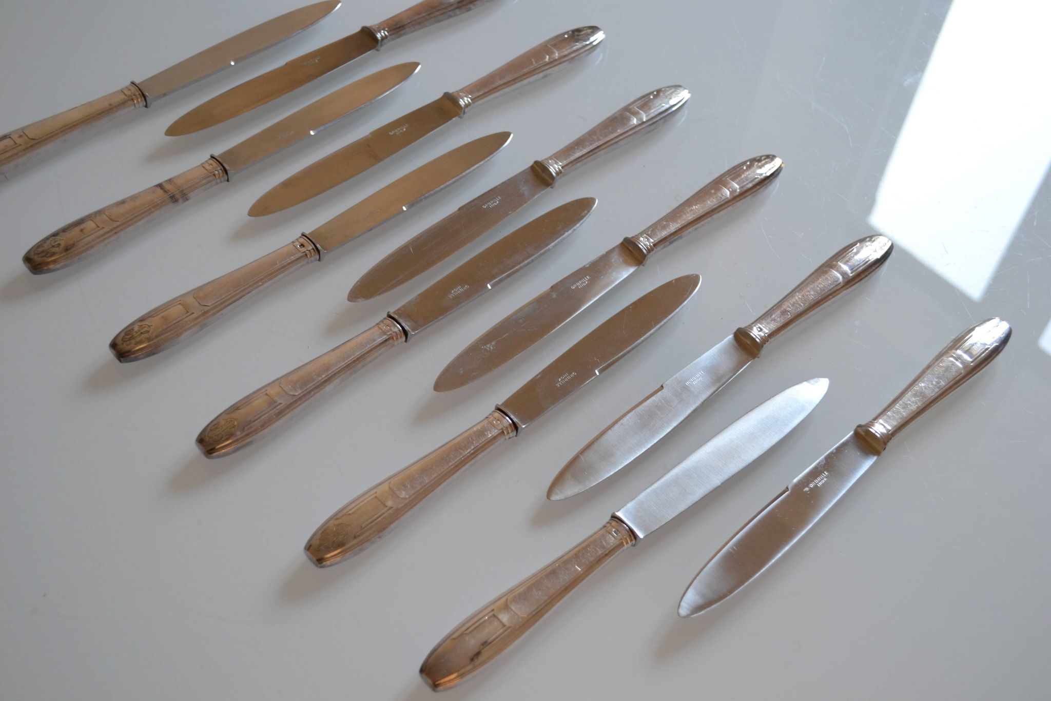 12 art deco table knives silver metal 25 cm monogram AR