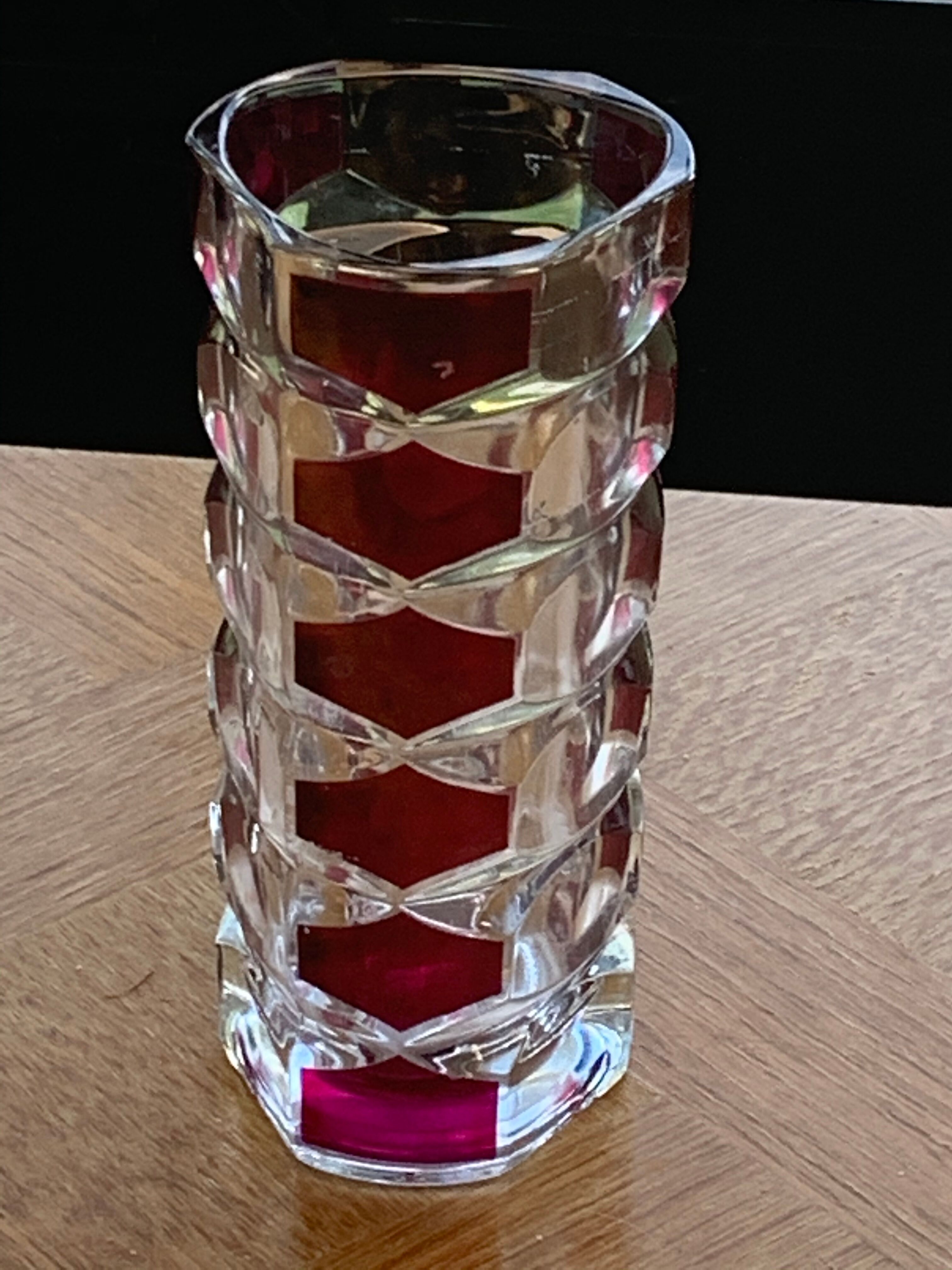 Cylindrical glass vase molded vintage geometric patterns