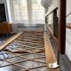 Vintage wooden sofa – modernist design, green mottled fabric