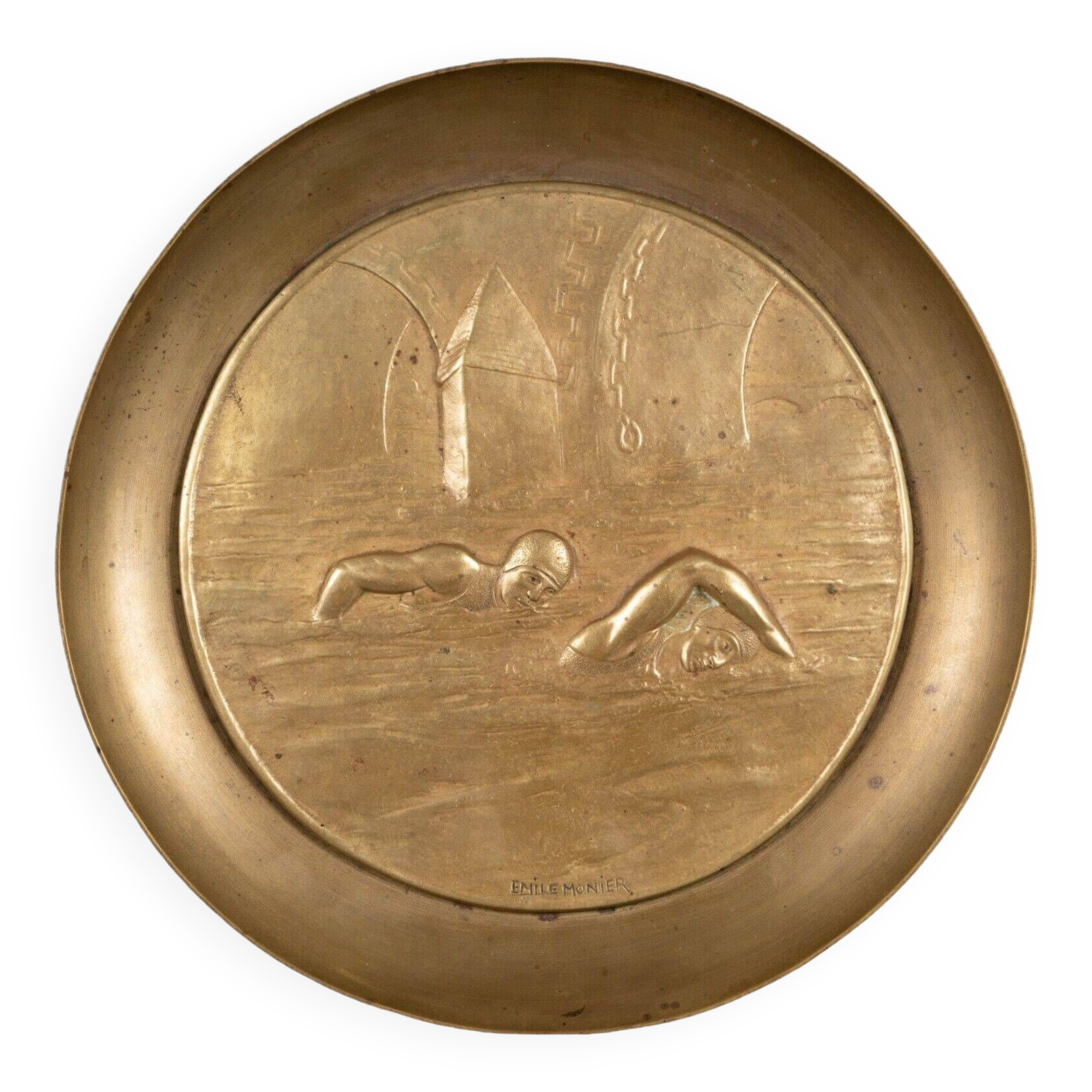 20th century bronze cup Emile Adolphe Monier Swimming swimmers on marble base