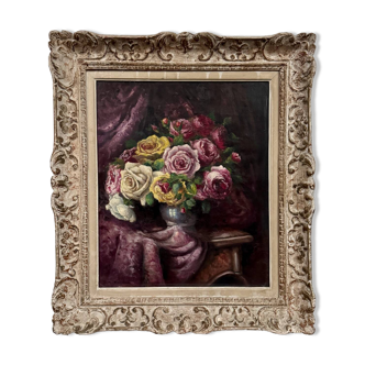 Oil on canvas bouquet of roses and drapery 20th century by R. Roque cerused frame