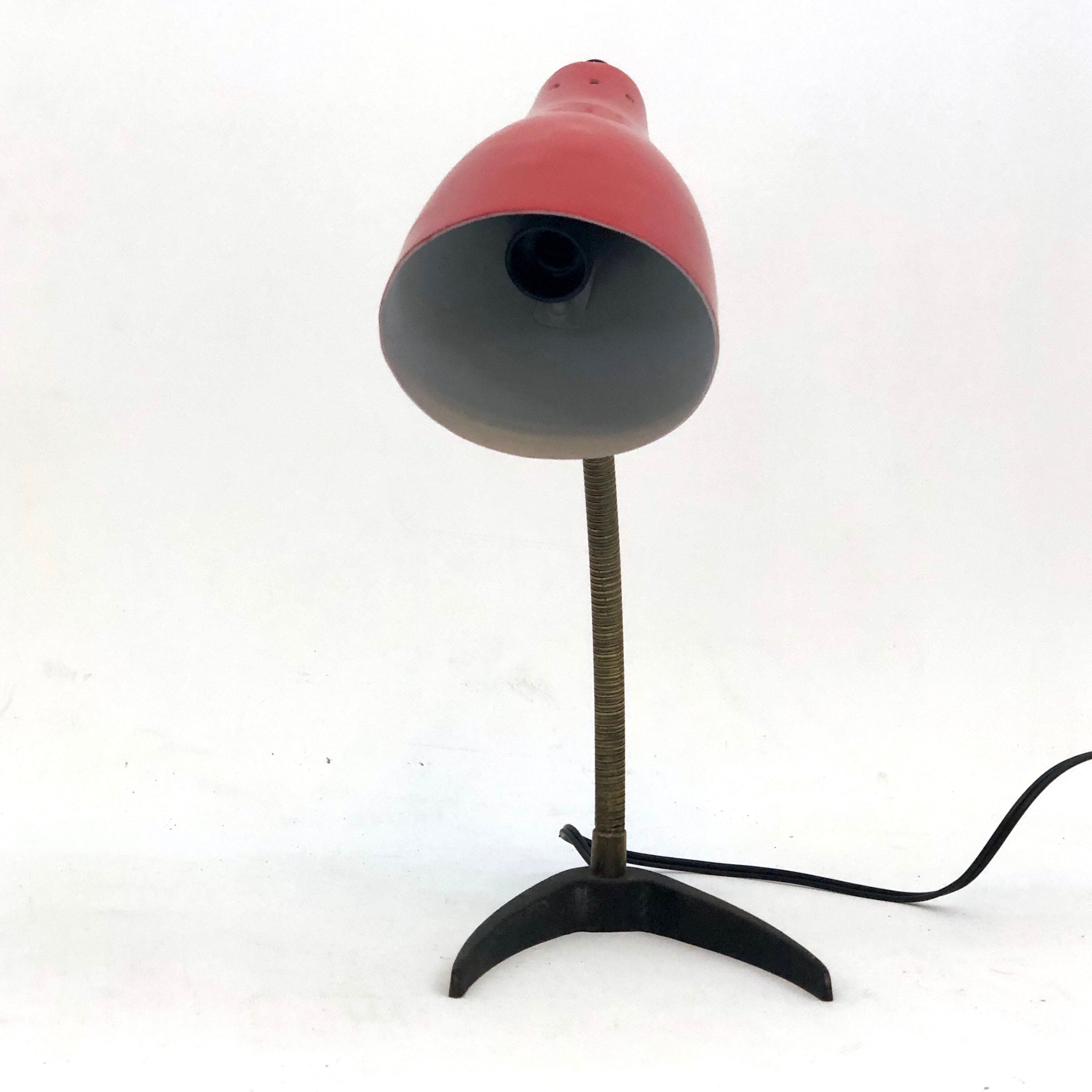 Vintage Italian brass and red lacquer flexible table lamp from 50s