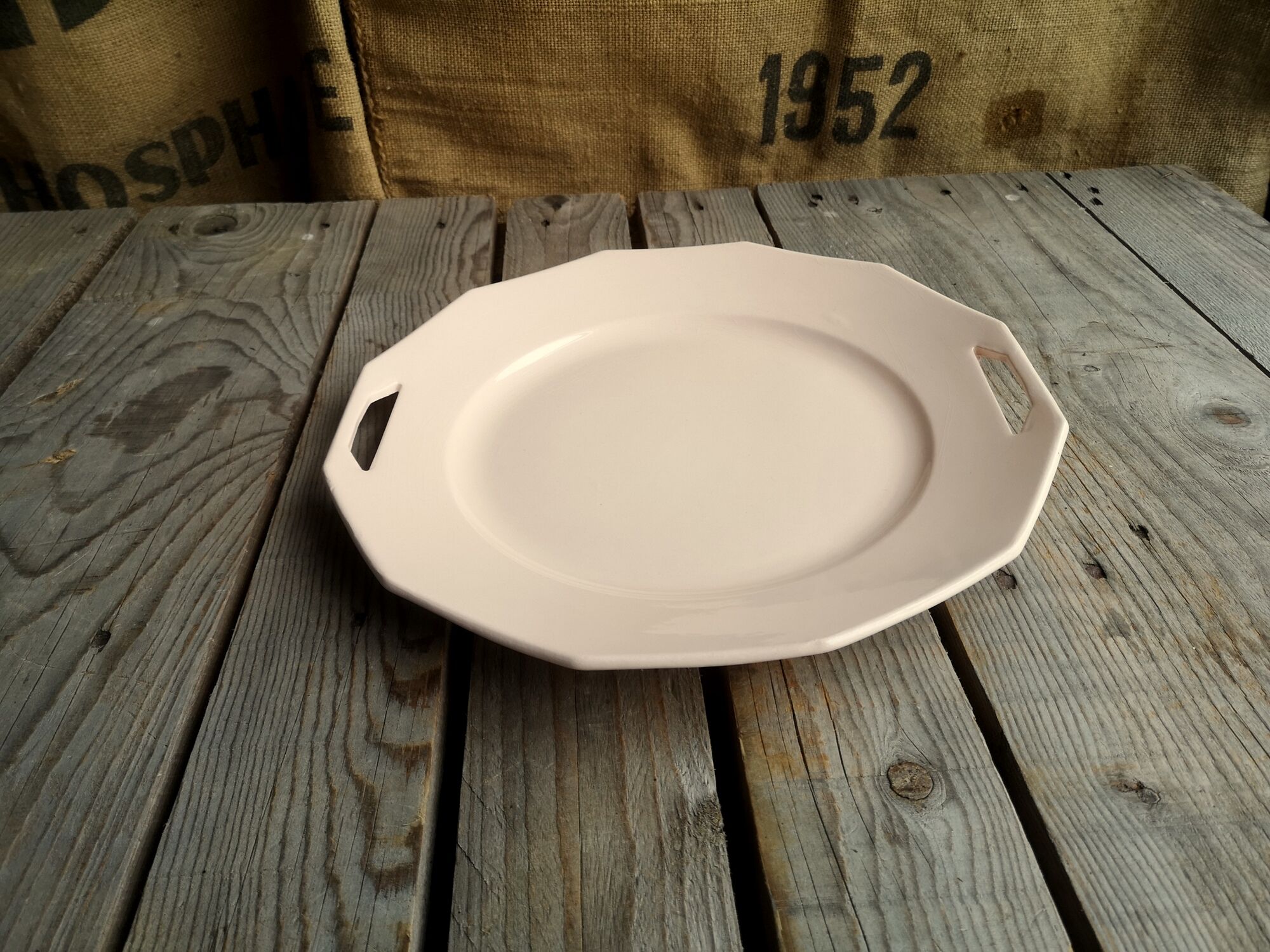 Ancient dish with anses in rose ceramics signed saint-amand