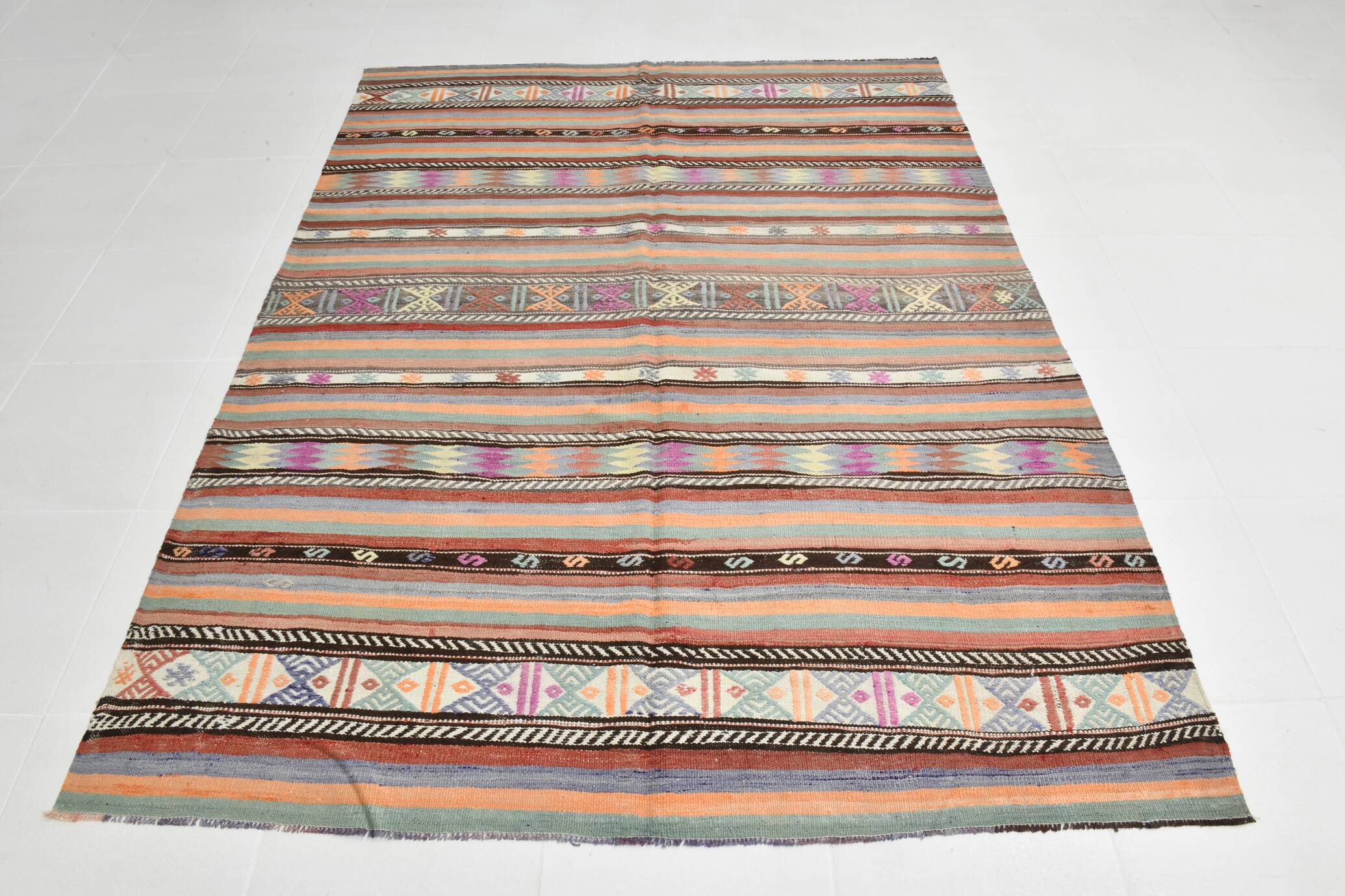 6x8 Ethnic Striped Green & Orange Kilim Rug, 176x230Cm