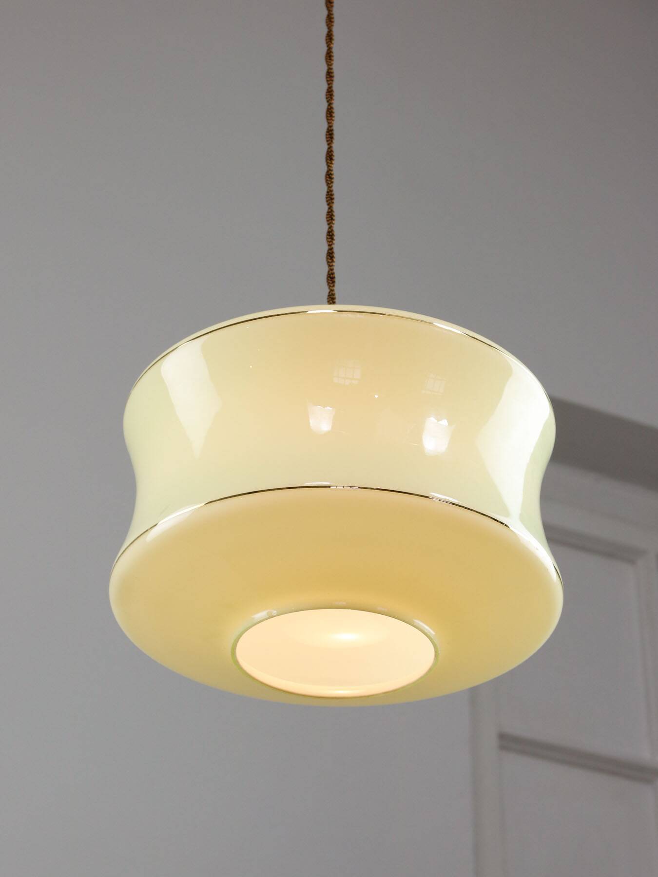 Mid-Century Italian Brass and Green Glass Pendant Lamp