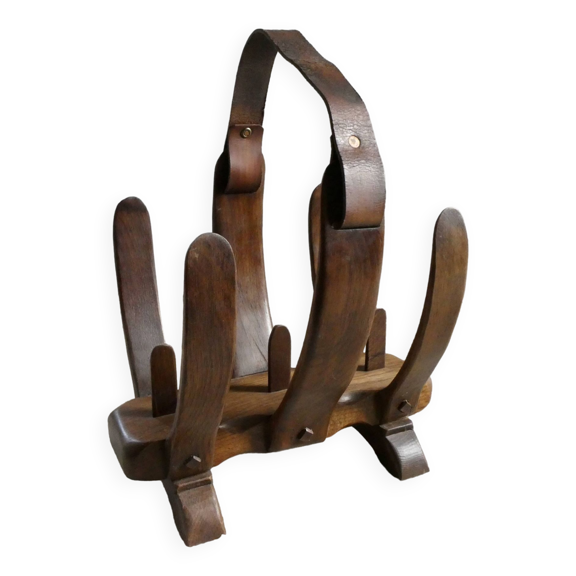 Oak and leather magazine rack, 60s-70s