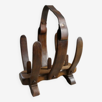 Oak and leather magazine rack, 60s-70s
