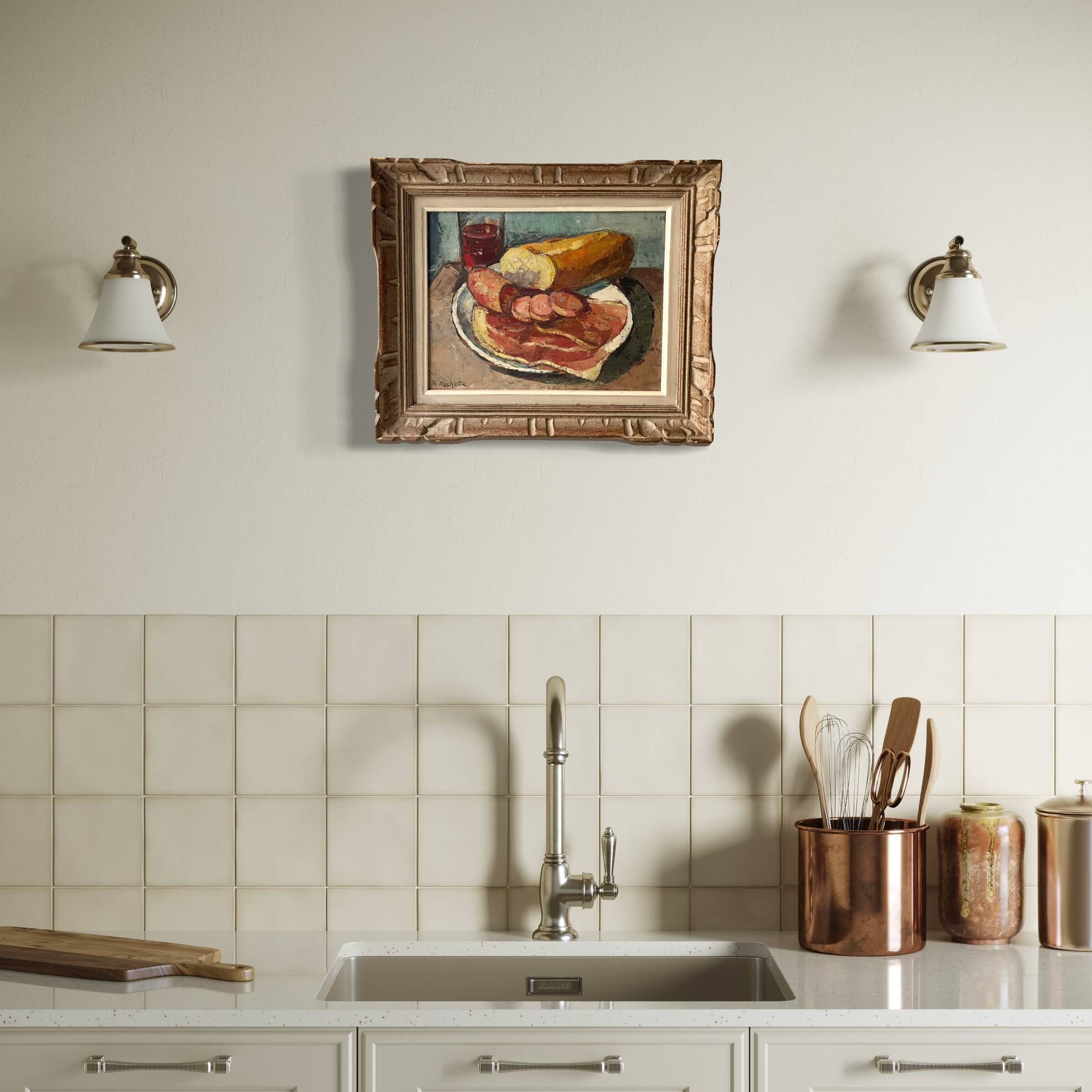 Oil on canvas still life with a baguette and sausage from the 1940s.