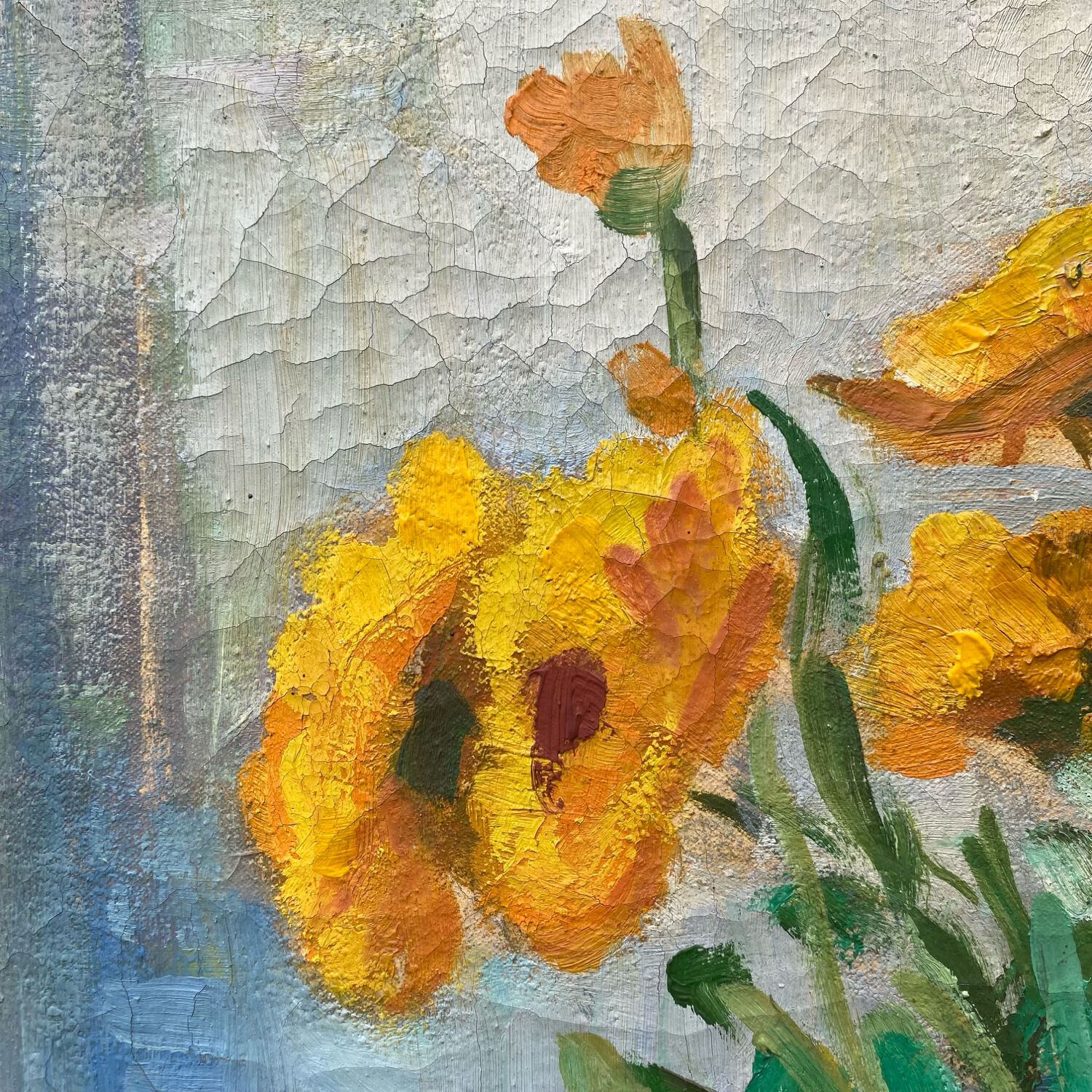Still life with bouquet and fan, painting on canvas.