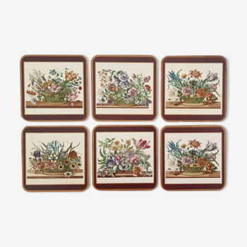 6 dessous de verres sur le thème panier de fleurs pimpernel vintage