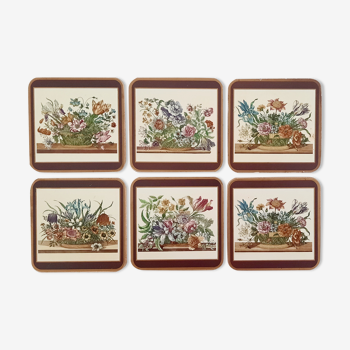 6 vintage pimpernel flower basket themed coasters