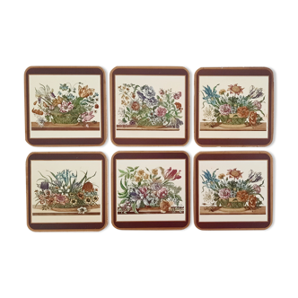 6 dessous de verres sur le thème panier de fleurs pimpernel vintage