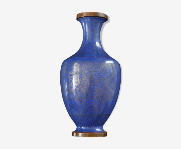 Ancien vase email bleu poudré Chinois dragon pourchassant la perle sacrée Qing XIXème
