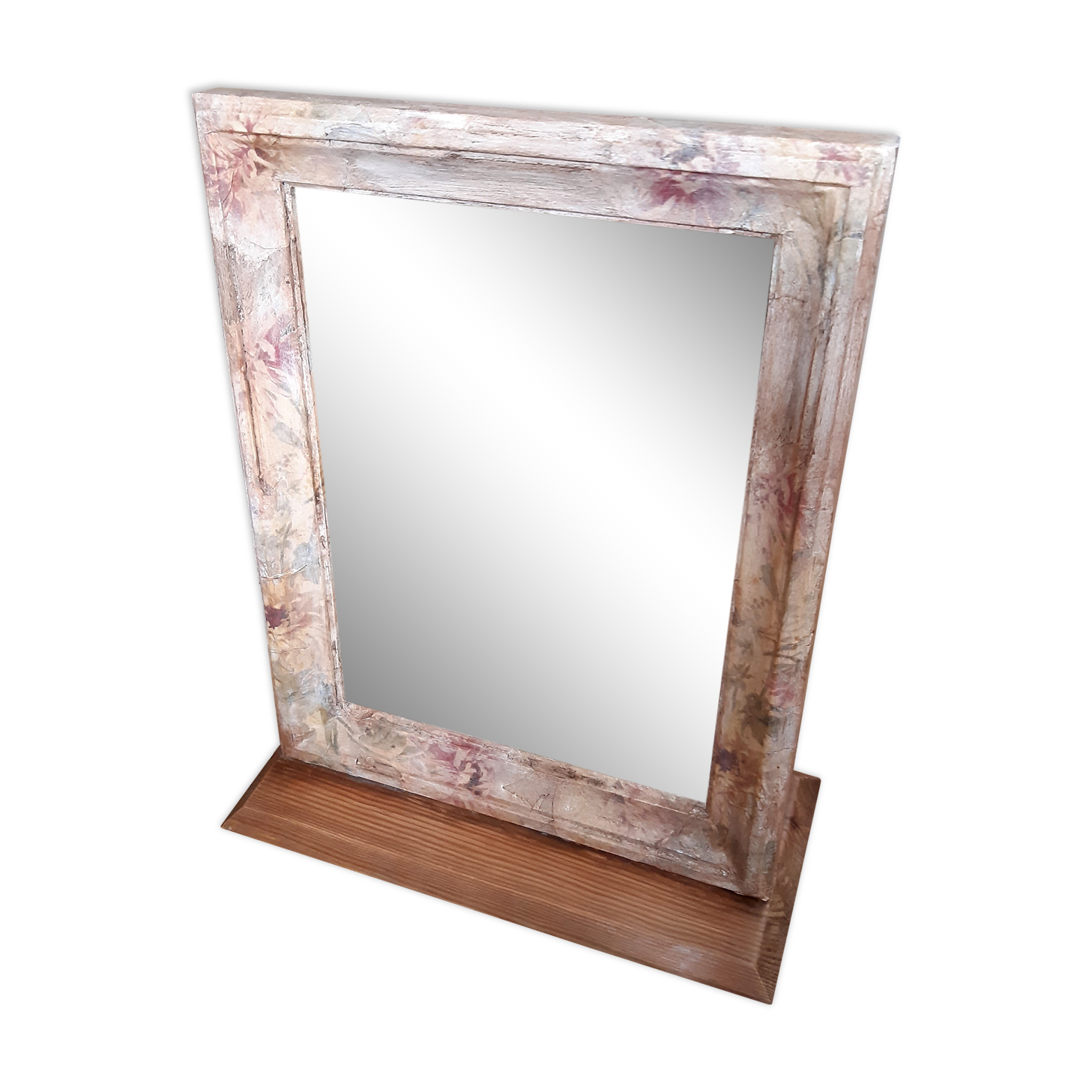 Wooden mirror on base, patinated, flowers