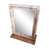 Miroir bois sur socle, patiné, fleurs