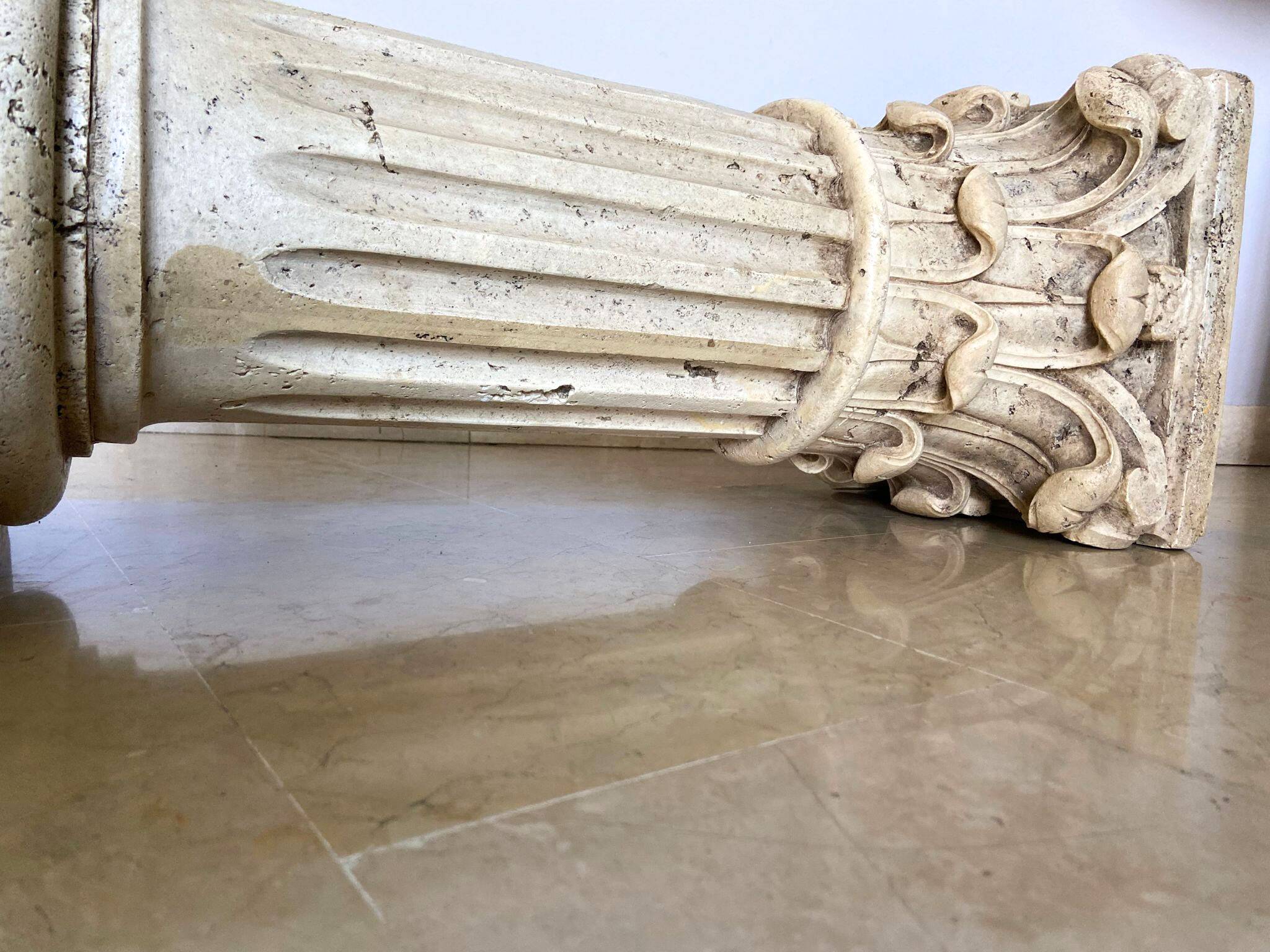 Pair of columns, corinthian style capitals in travertine, italy 1940s