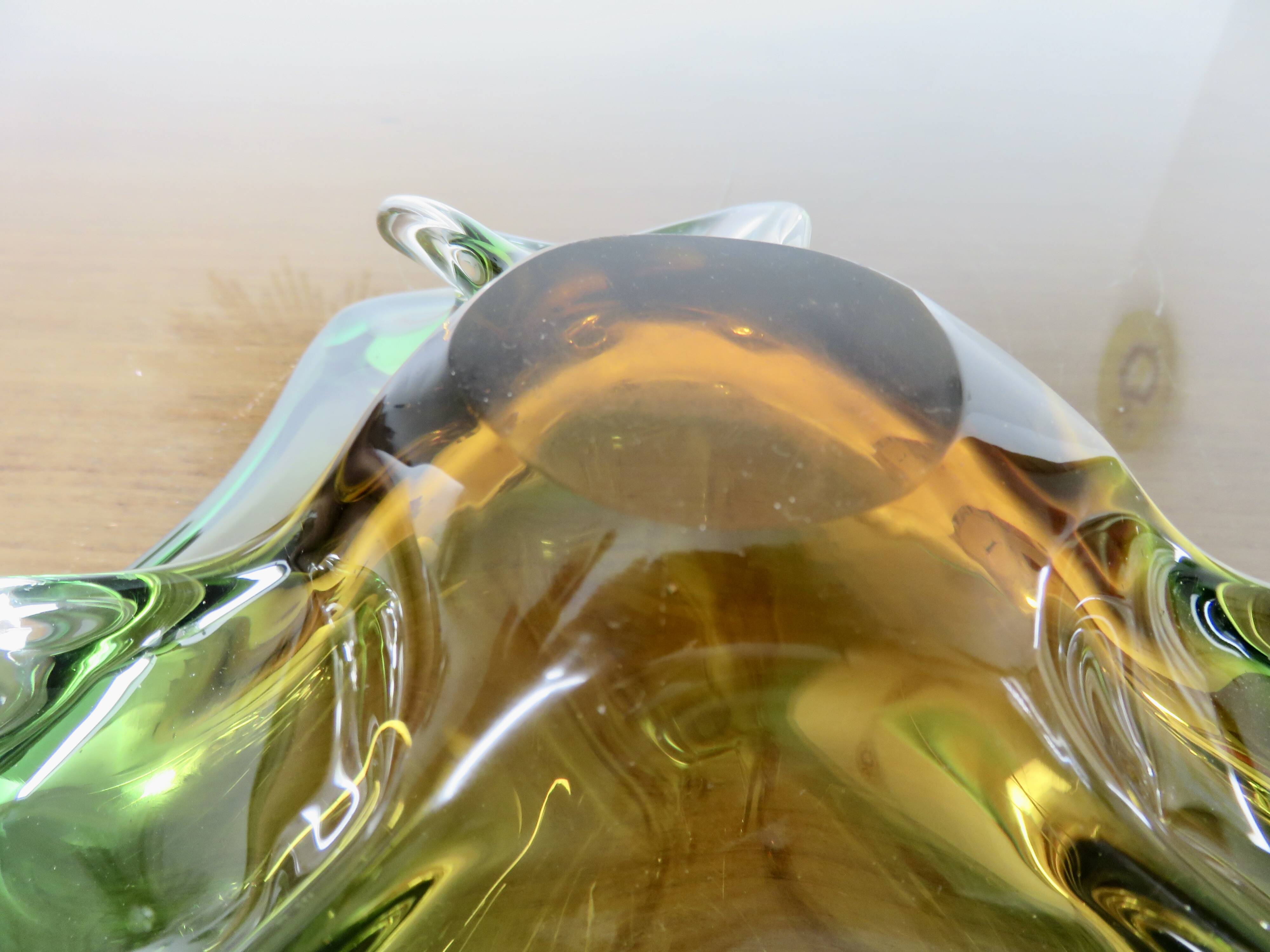 Vide poche en verre de Murano vert, ambre et transparent, années 60 70