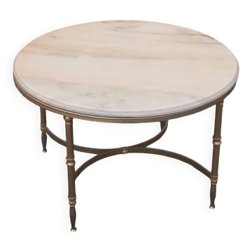 Table basse de style néoclassique ronde plateau marbre piètement métal doré