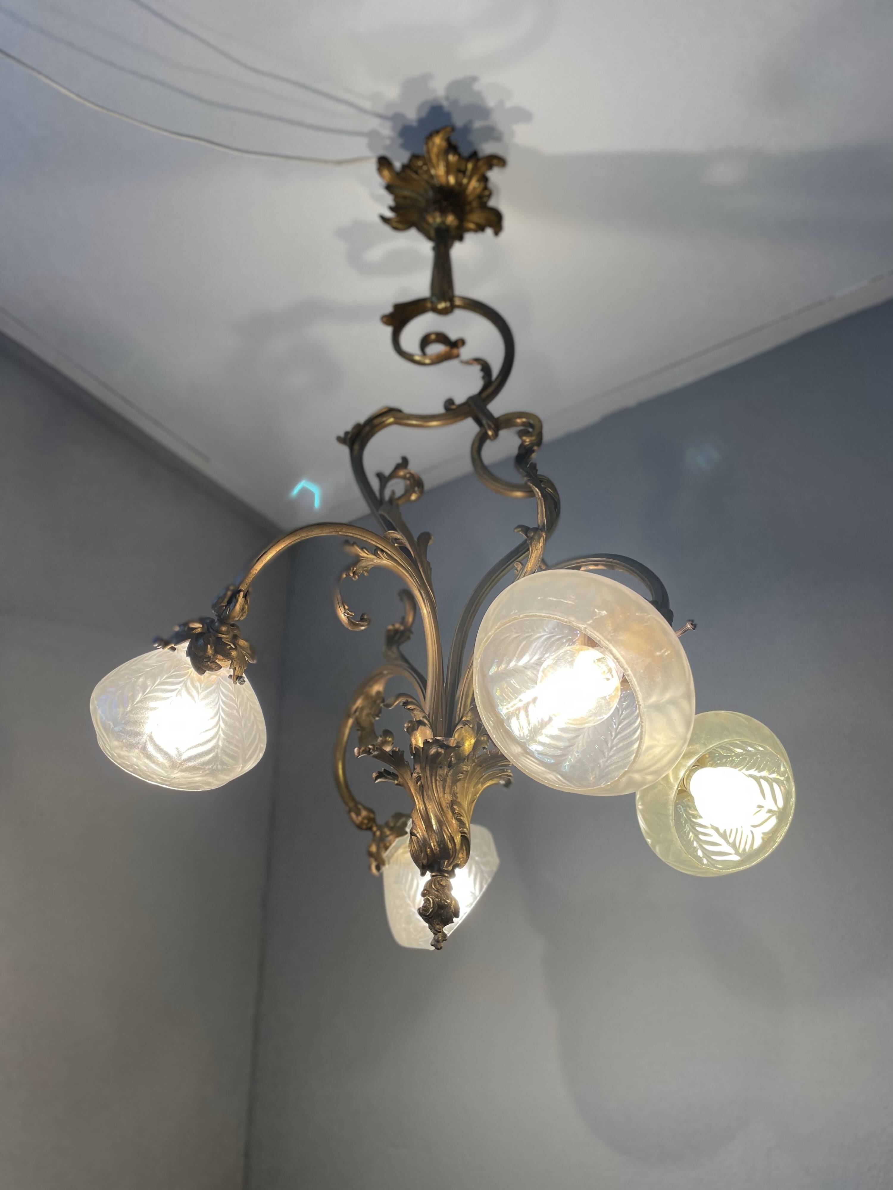 Jugendstil Golden Chandelier with Frosted Glass Shades