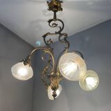 Jugendstil Golden Chandelier with Frosted Glass Shades