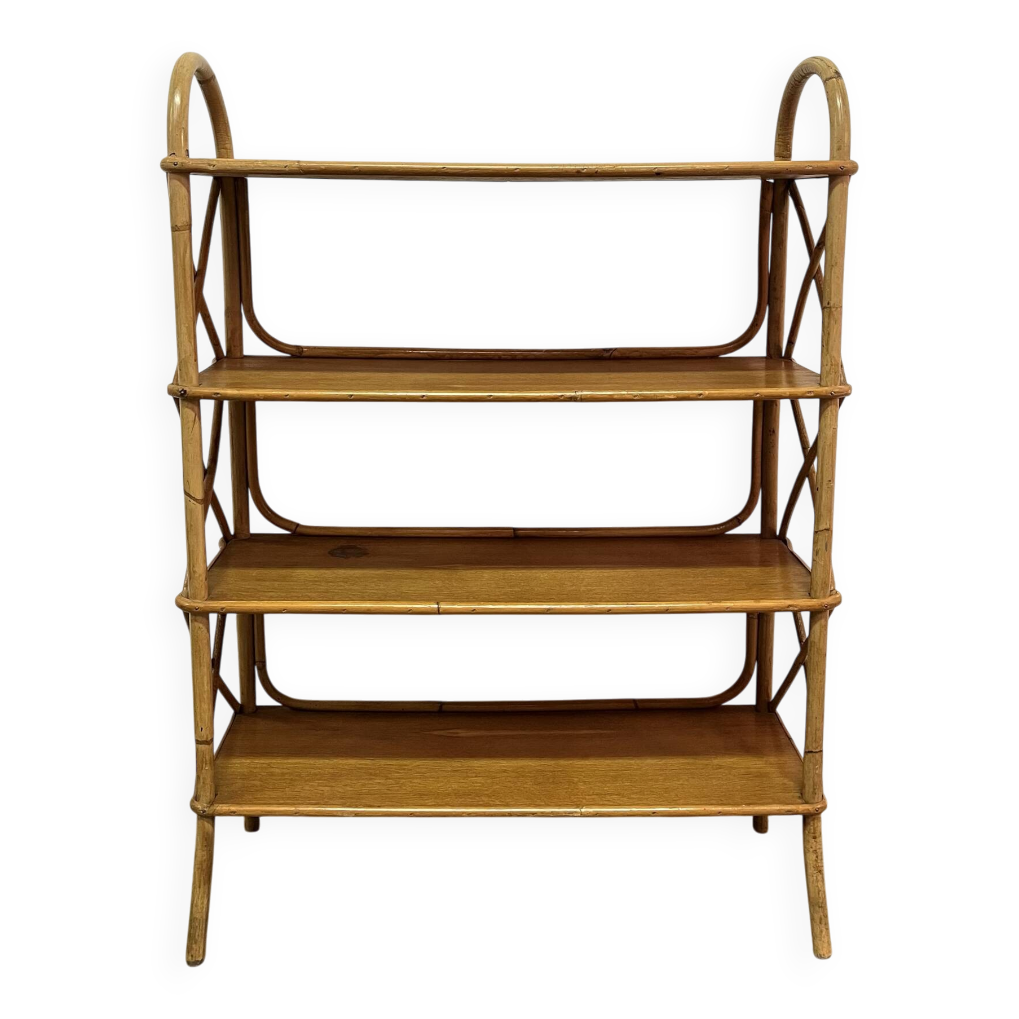 Vintage shelf on legs made of rattan and wood.