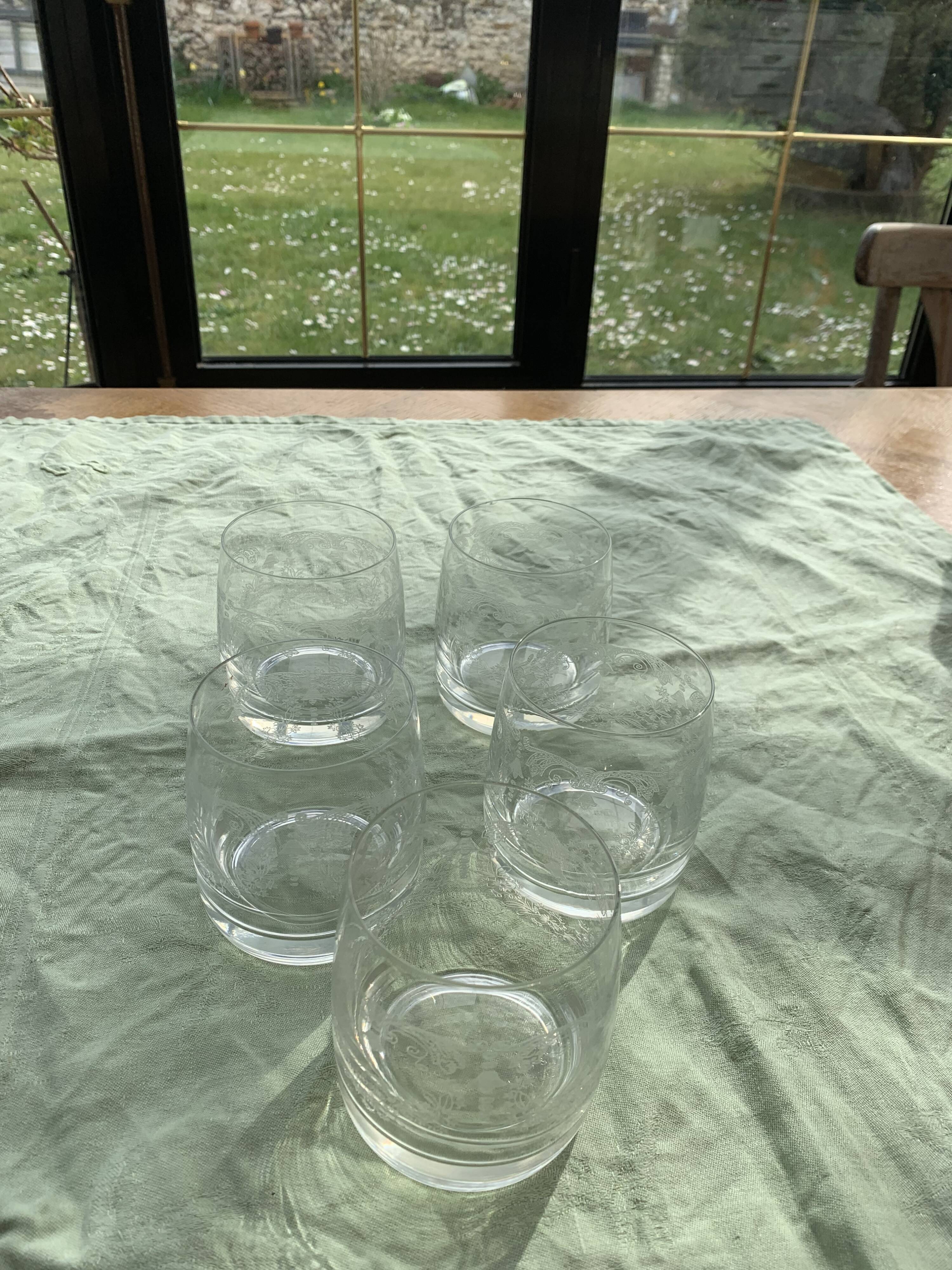 5 antique whiskey glasses, Easter frieze bells and vintage flowers