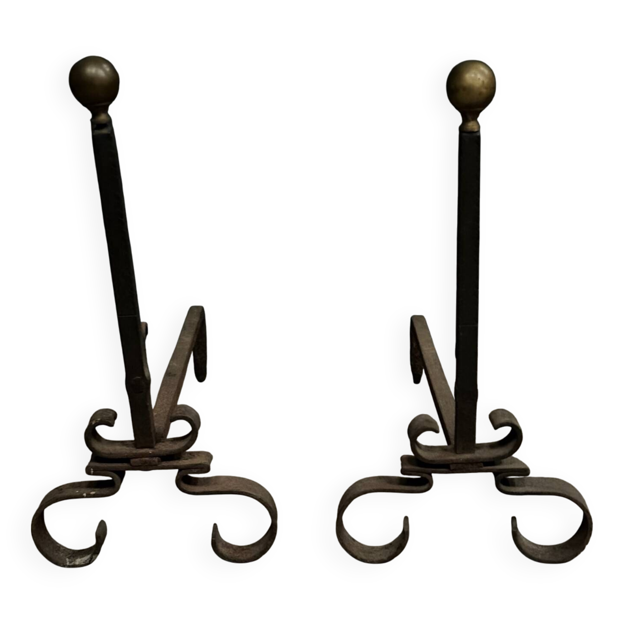 Pair of 19th century iron and brass andirons