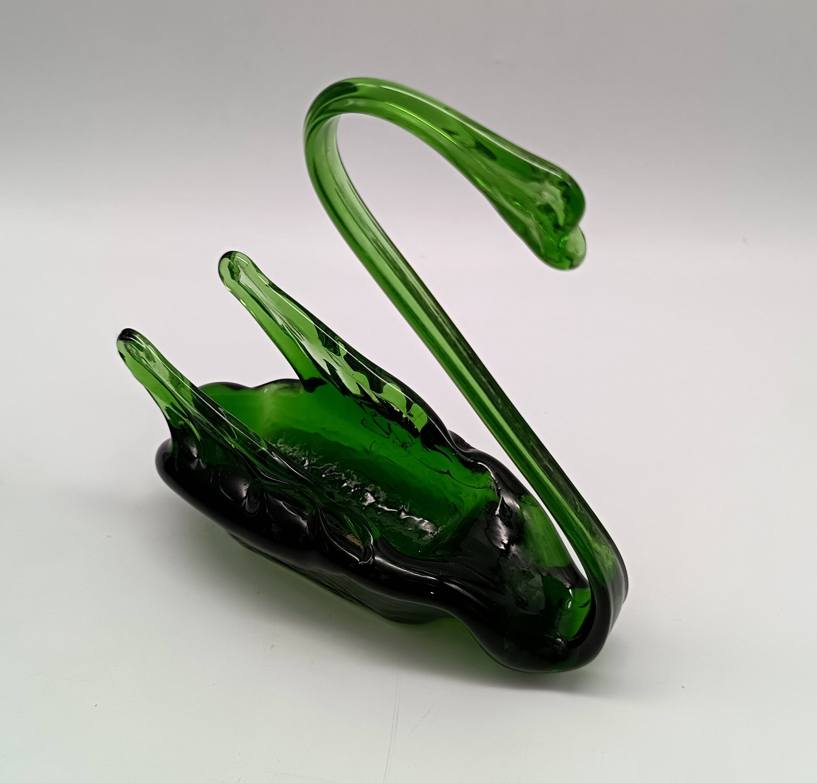 2 vintage glass SWANS, handcrafted, bottle green, early 20th century