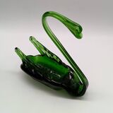 2 vintage glass SWANS, handcrafted, bottle green, early 20th century
