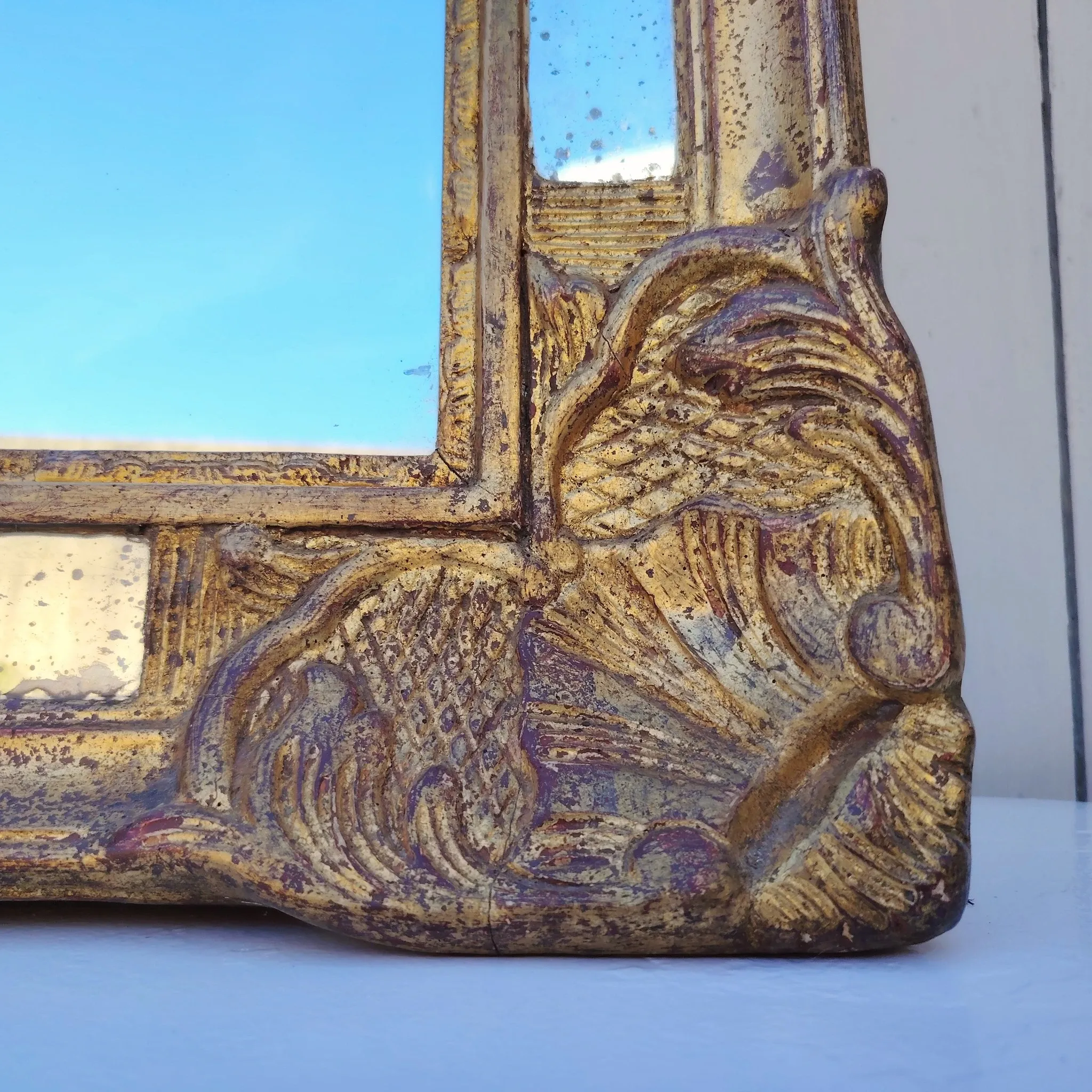Golden wooden mirror, glazing, Italian, vintage decoration