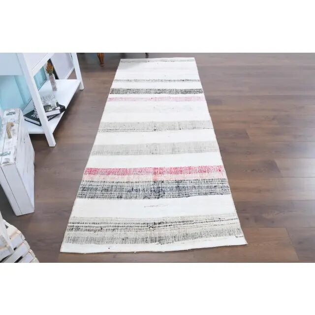 Vintage Turkish hand-knotted wool cotton white kilim runner rug  95x265