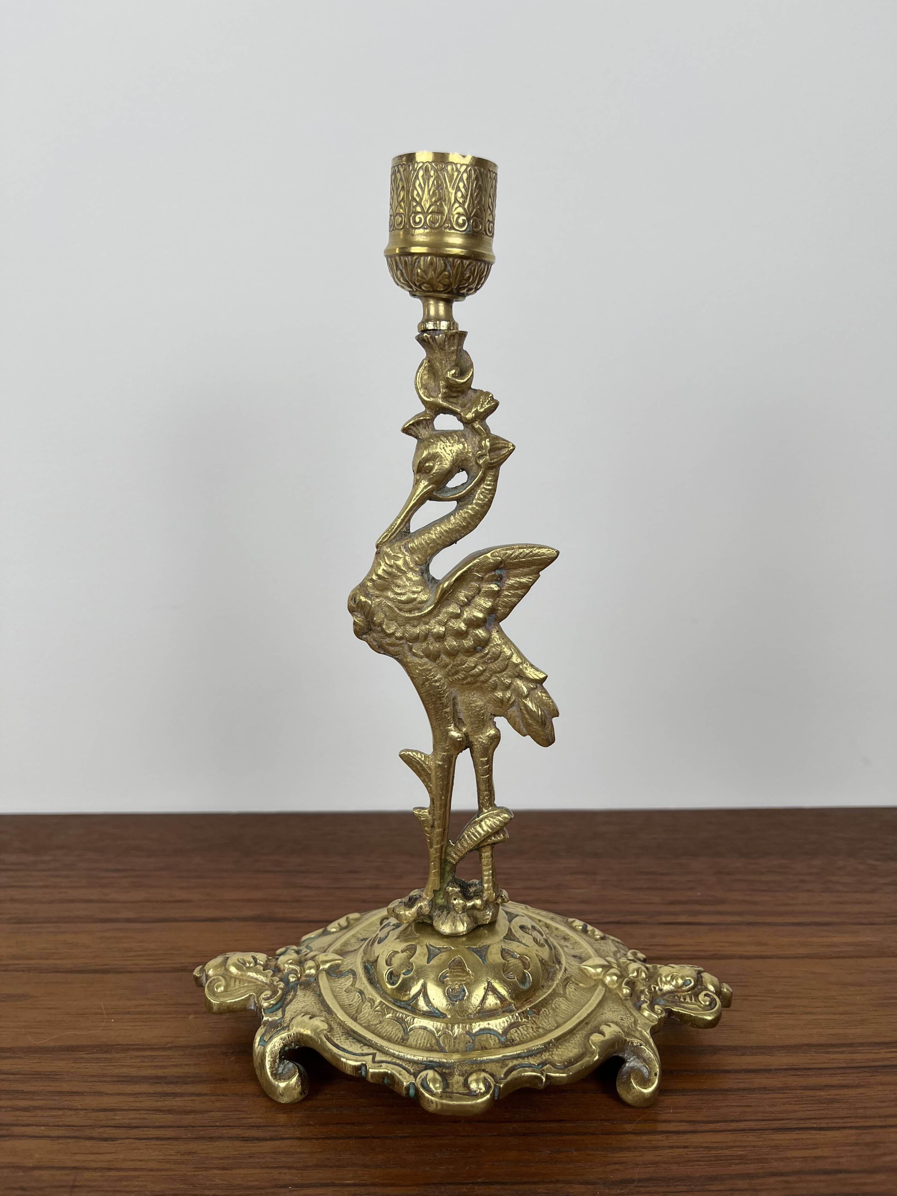 Pair of antique heron candlesticks in gilded brass – Orientalist Art Deco style