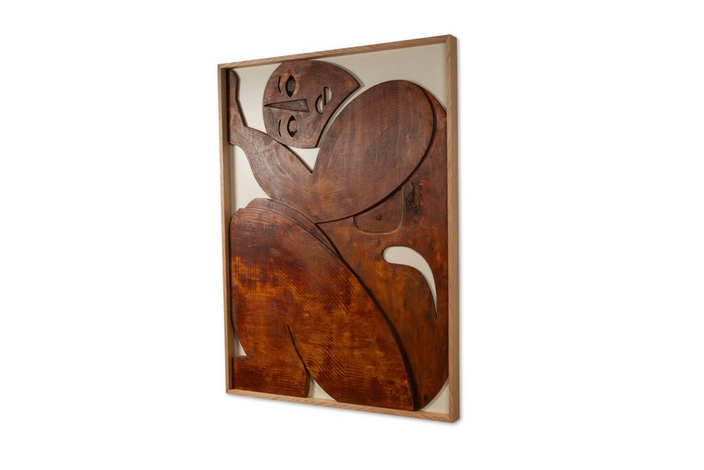 Relief panel "Step out of the frame!" in patinated wood. Contemporary.